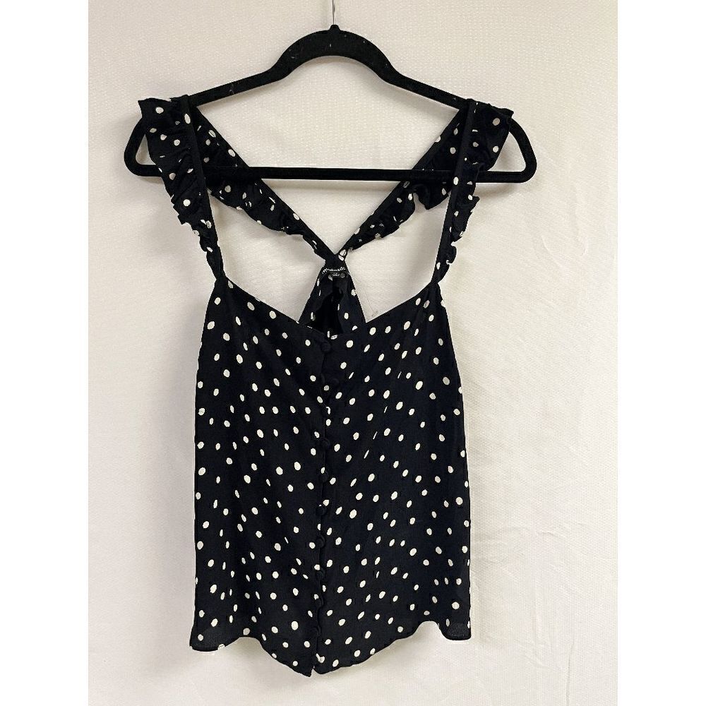 Madewell Womens Button Front Polka Dot Ruffle Racerback Tank Top Black Sz 12
